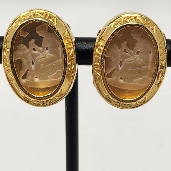 Prevost Roman Art Gold Tone Oval Clip On Earrings Latin Love Conquers All - Picture 2 of 6